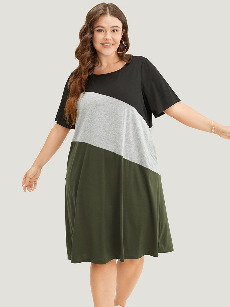 Colorblock Contrast Pocket Round Neck Knee Dress