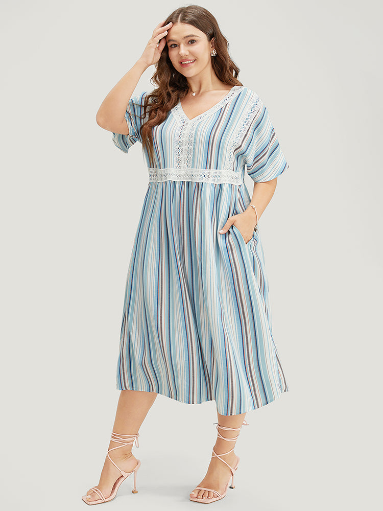 Striped Contrast Pocket Lace Batwing Sleeve Midi Dress