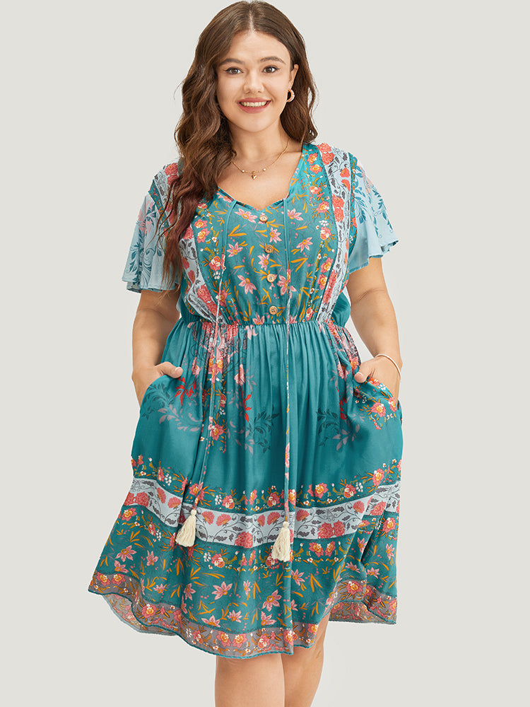 Bandana Print Ruffle Sleeve Pocket Tie Neck Tassels Dress