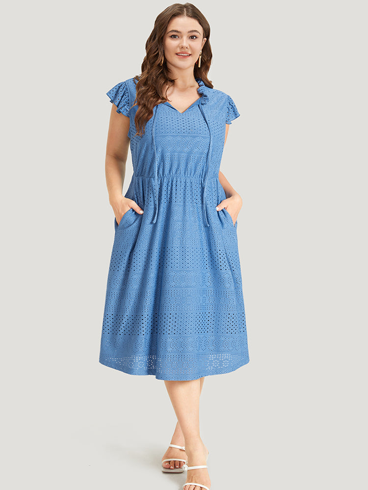 Plain Pocket Ruffle Tie Neck Cap Sleeve Broderie Anglaise Dress