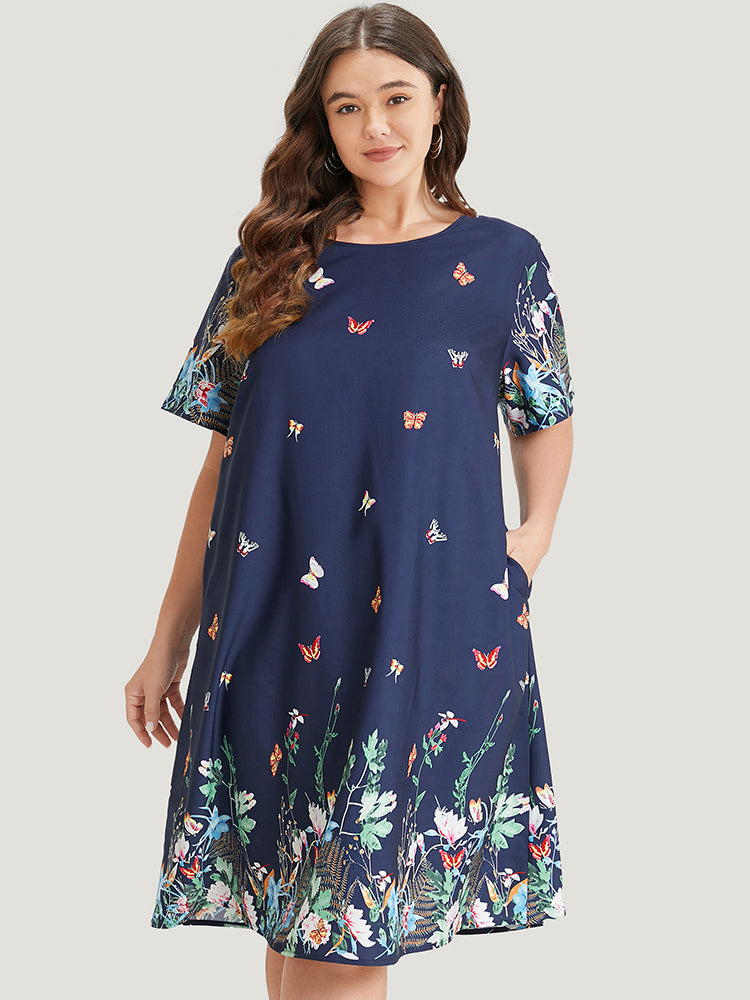 Butterfly & Floral Round Neck Print Pocket Knee Dress