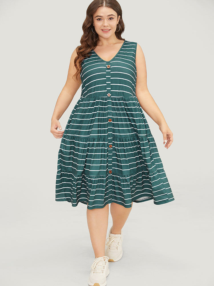 Striped Print Button Detail Ruffle Tiered V Neck Tank Dress