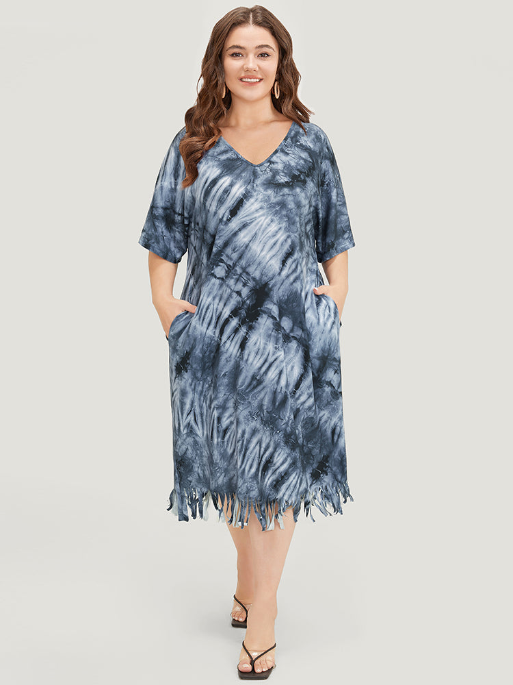 Tie Dye V Neck Pocket Batwing Sleeve Fringe Hem Dress