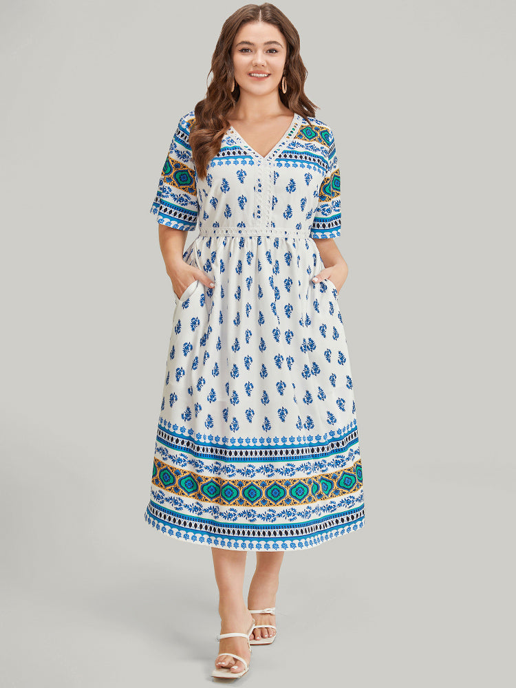 Bandana Print V Neck Pocket Contrast Lace Dress