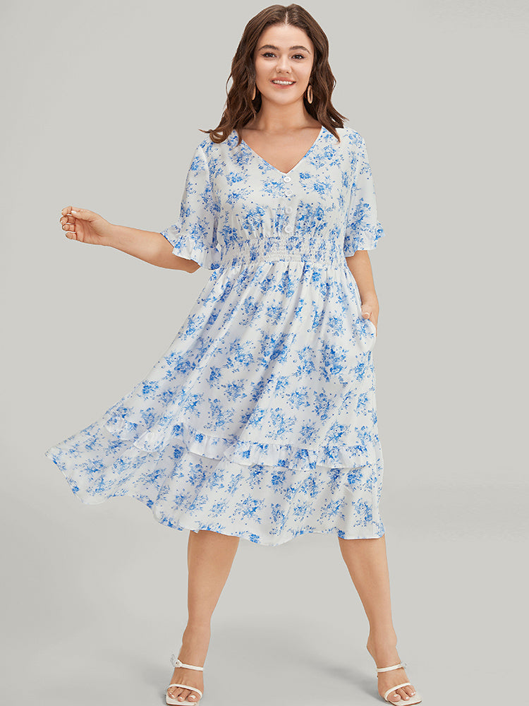 Floral Ruffle Trim Button Detail Pocket Shirred Waist Dress