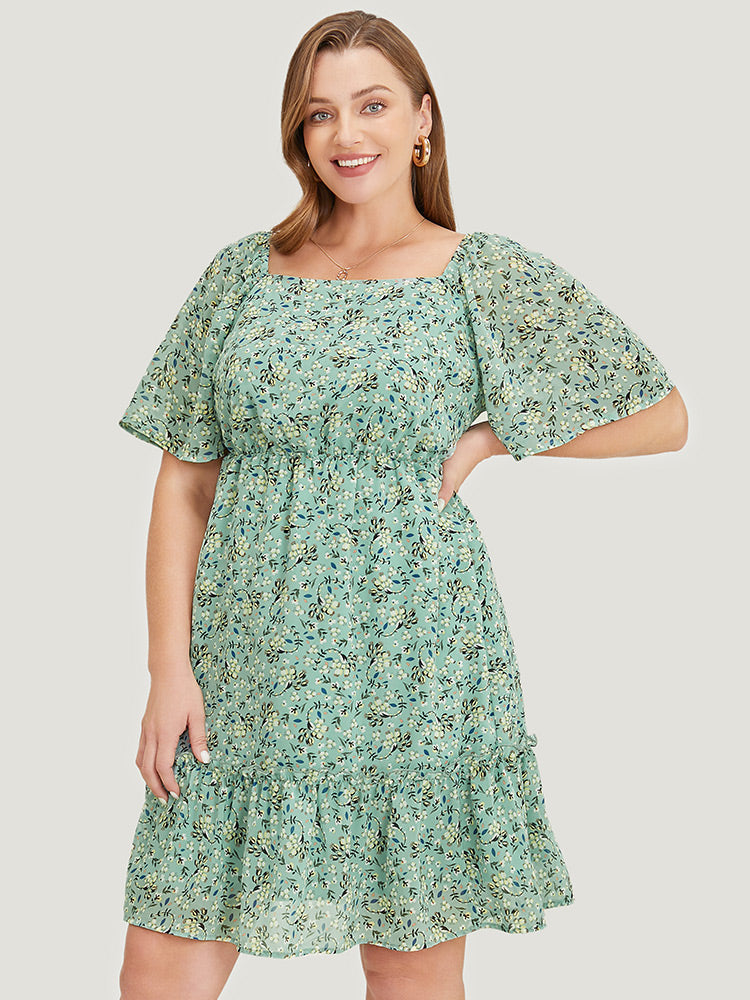 Ditsy Floral Square Neck Frill Trim Pocket Ruffle Hem Dress