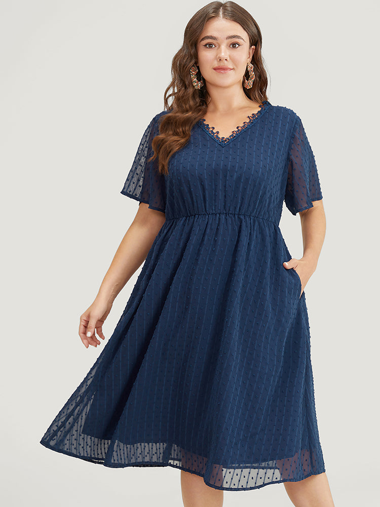 Polka Dot Mesh Ruffle Sleeve Lace Trim Pocket Belted Dress