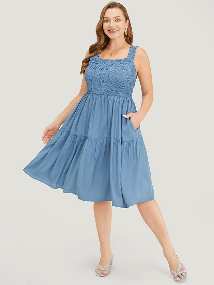 Solid Shirred Pocket Ruffle Tiered Cami Dress