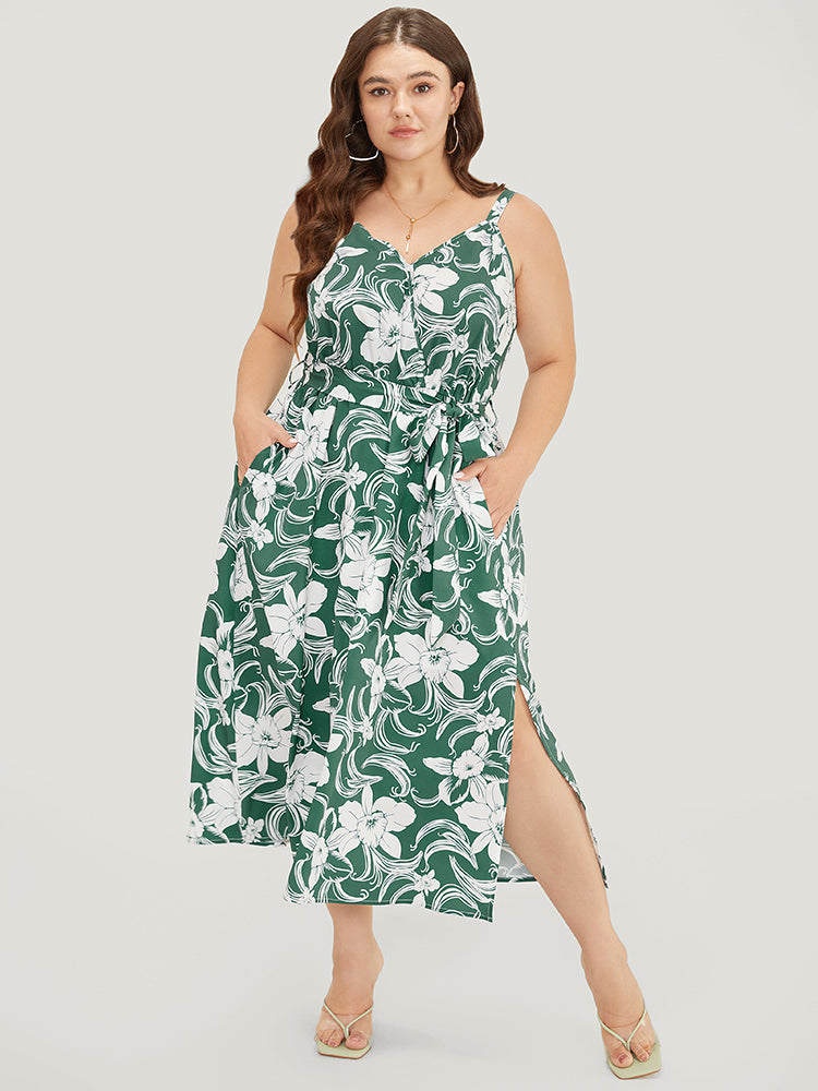 Floral Split Flutter Hem Wrap Pocket Belted Cami  Dress