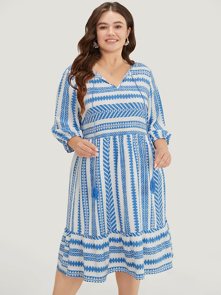 Geometric Print Flutter Hem Pocket Tassels Dress