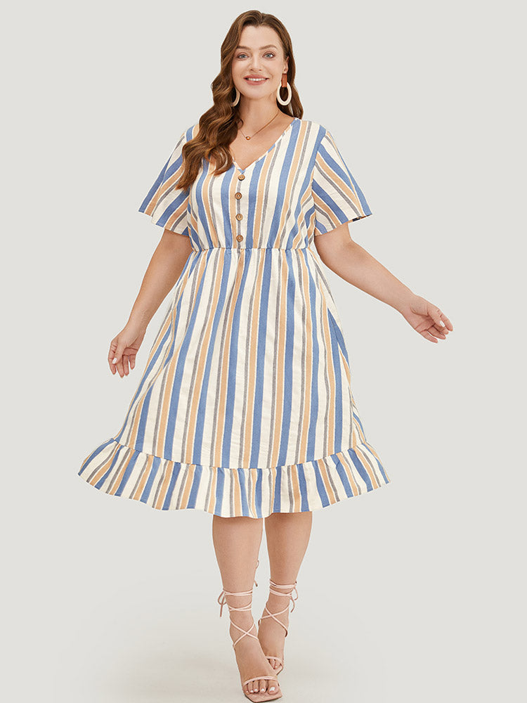 Striped Print Button Detail Pocket Flutter Hem Dress