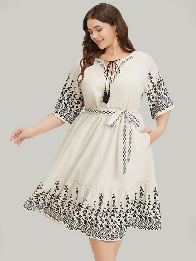 Bandana Tassels Pocket Belted Ruffle Knot Neck Midi Dress