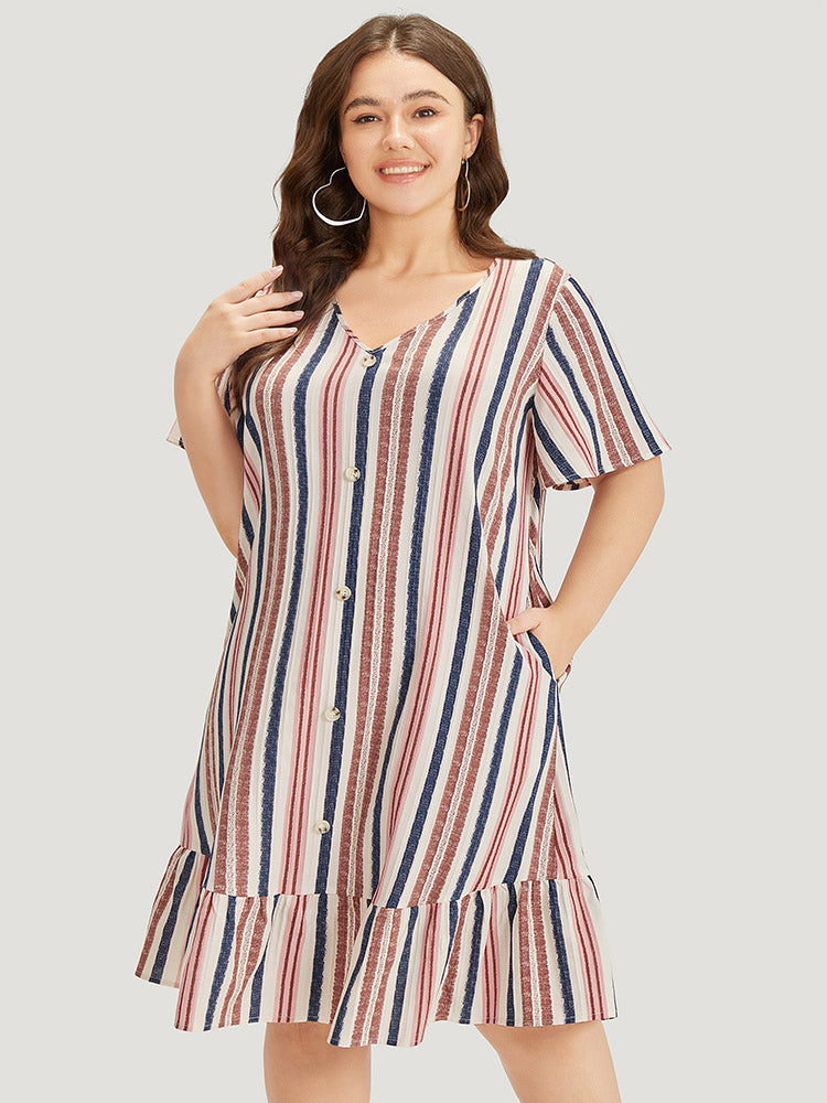 Striped Button Detail Pocket Ruffle Hem Dress