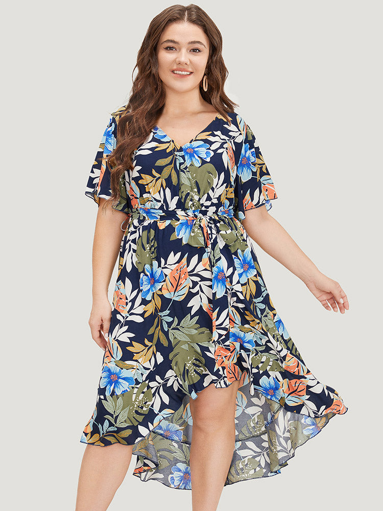 Floral High Low Hem Pocket Ruffles Wrap Dress