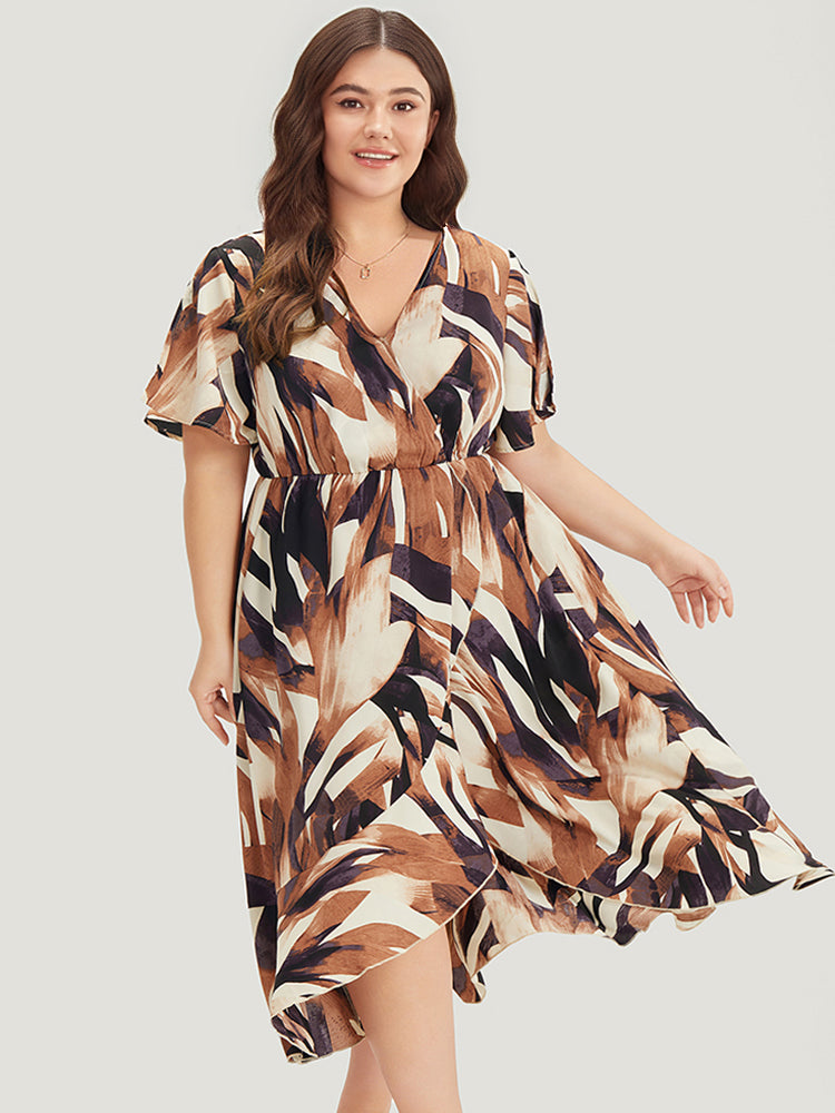 Allover Print Pocket Wrap Ruffle Irregular Hem Dress