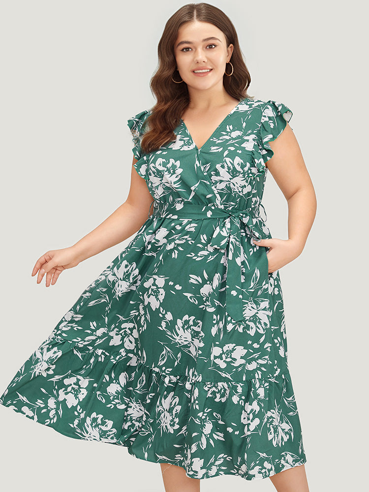 Floral Print Belted Ruffle Cap Sleeve Pocket Dress