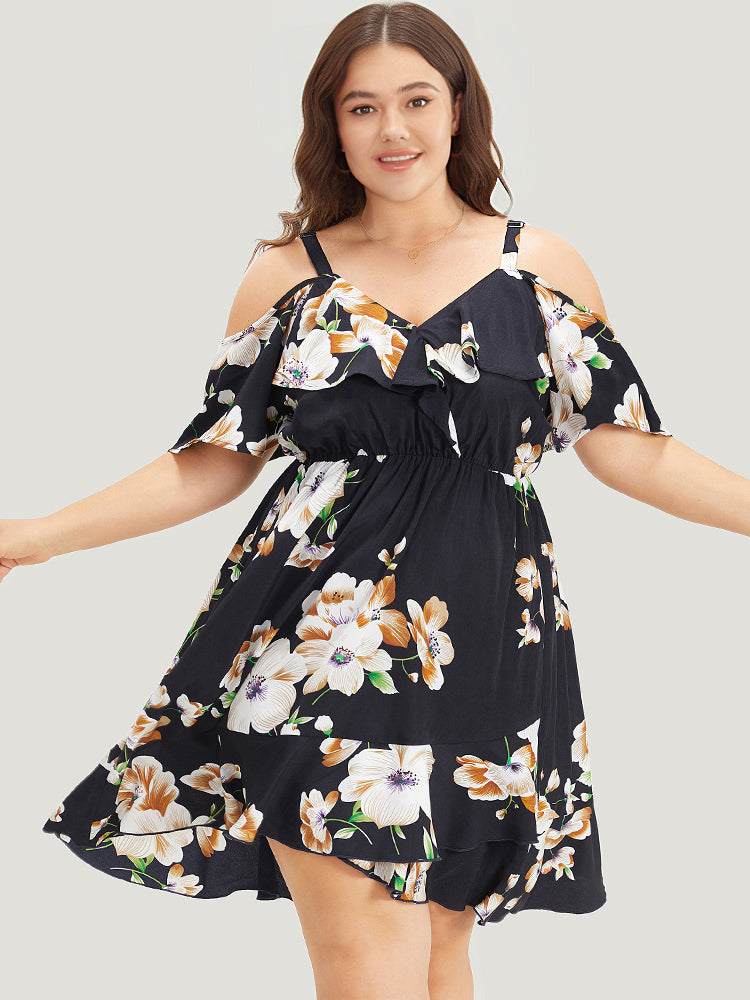 Floral Print Ruffle Trim Asymmetrical Hem Cold Shoulder Dress