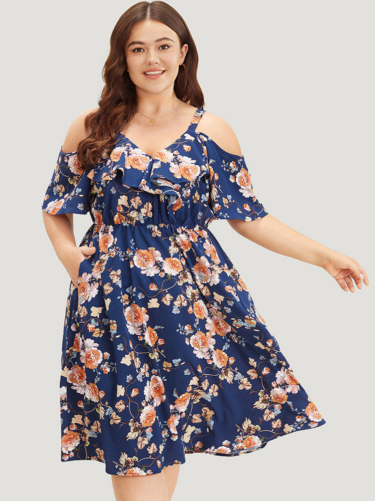 Floral Print Ruffle Trim  Elastic Waist Cold Shoulder Dress