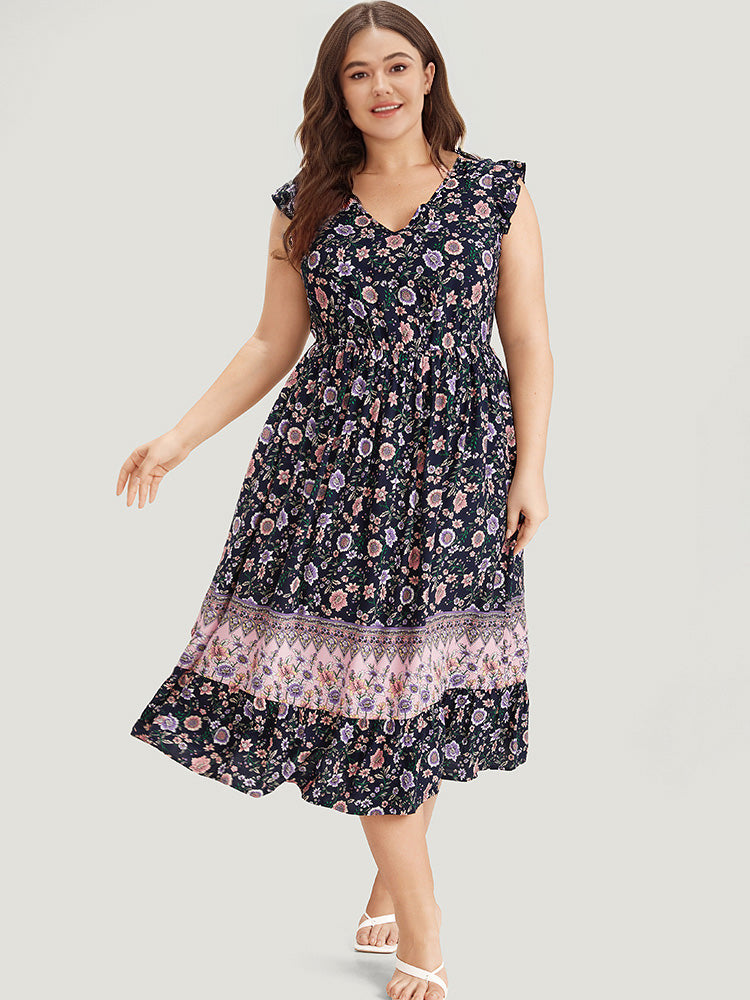 Bandana Print Contrast Ruffle Cap Sleeve Pocket Dress