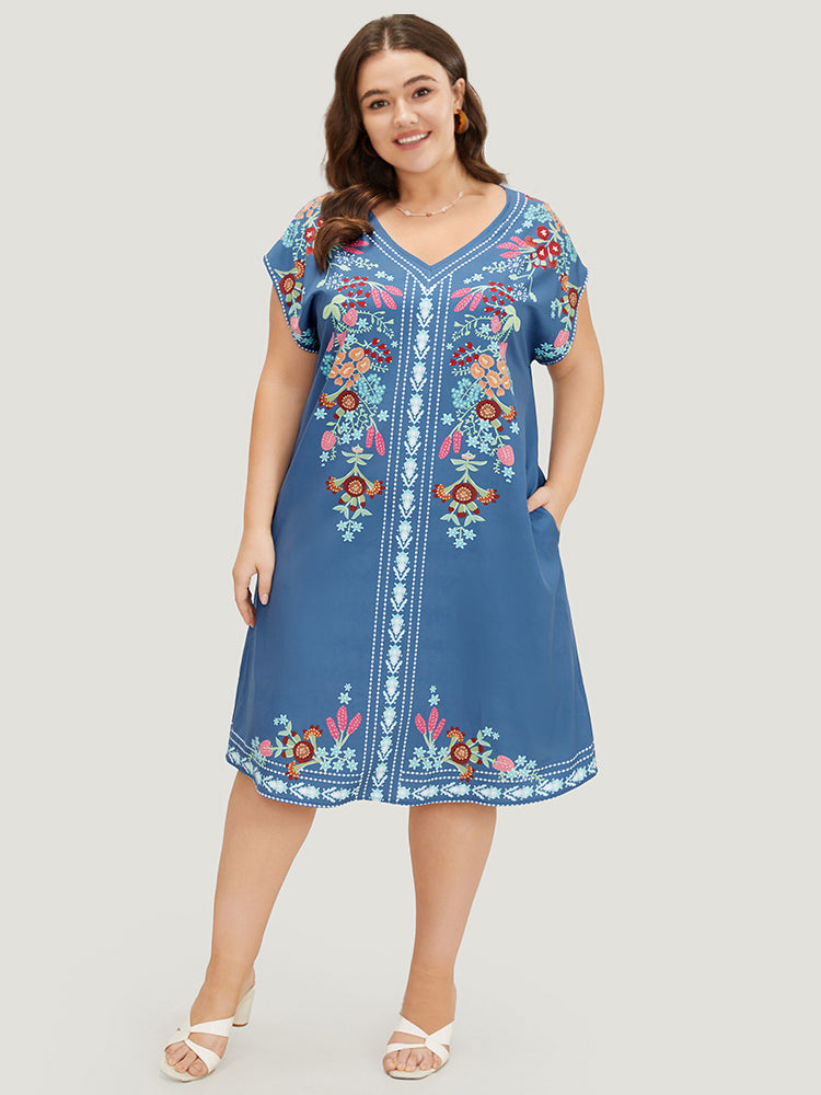 Boho Print Pocket Dolman Sleeve Dress