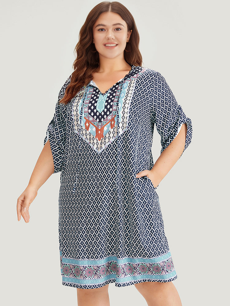 Bandana Print Pocket Button Knot Neck Dress