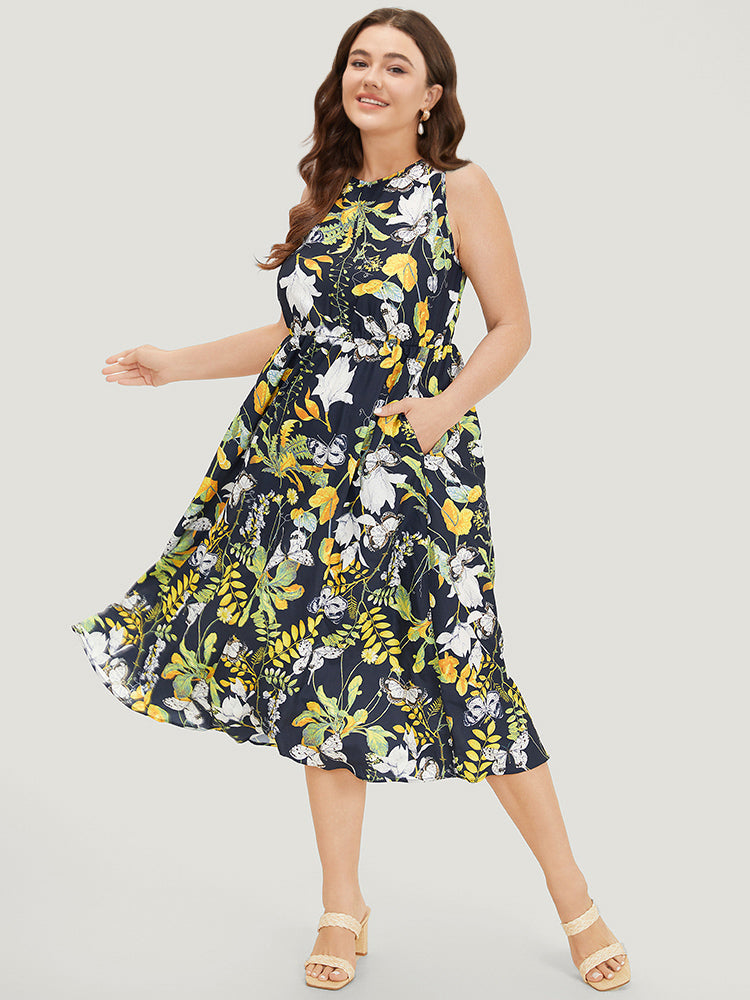 Floral Print Pocket Sleeveless Ruffle Hem Dress