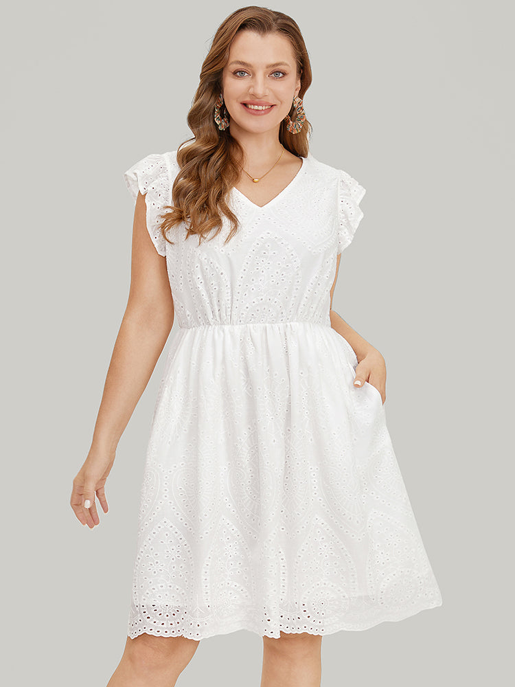 Plain Broderie Anglaise Cap Sleeve Ruffle Hem Dress