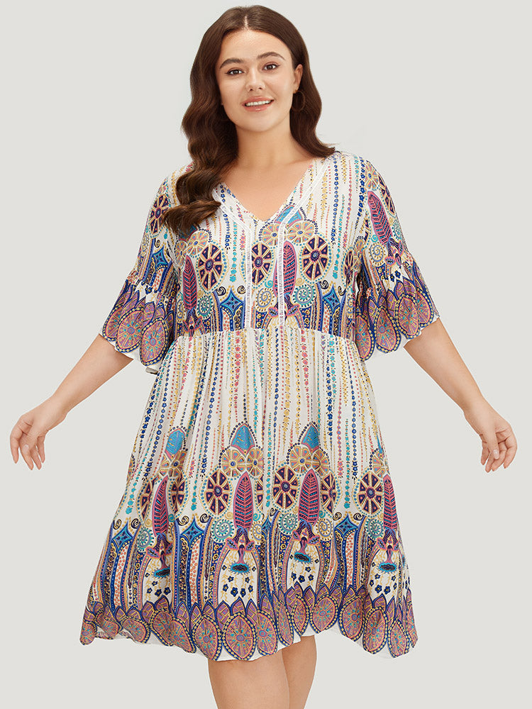 Boho Print Gathered Lace Pocket Flutter Bell Sleeve Dress