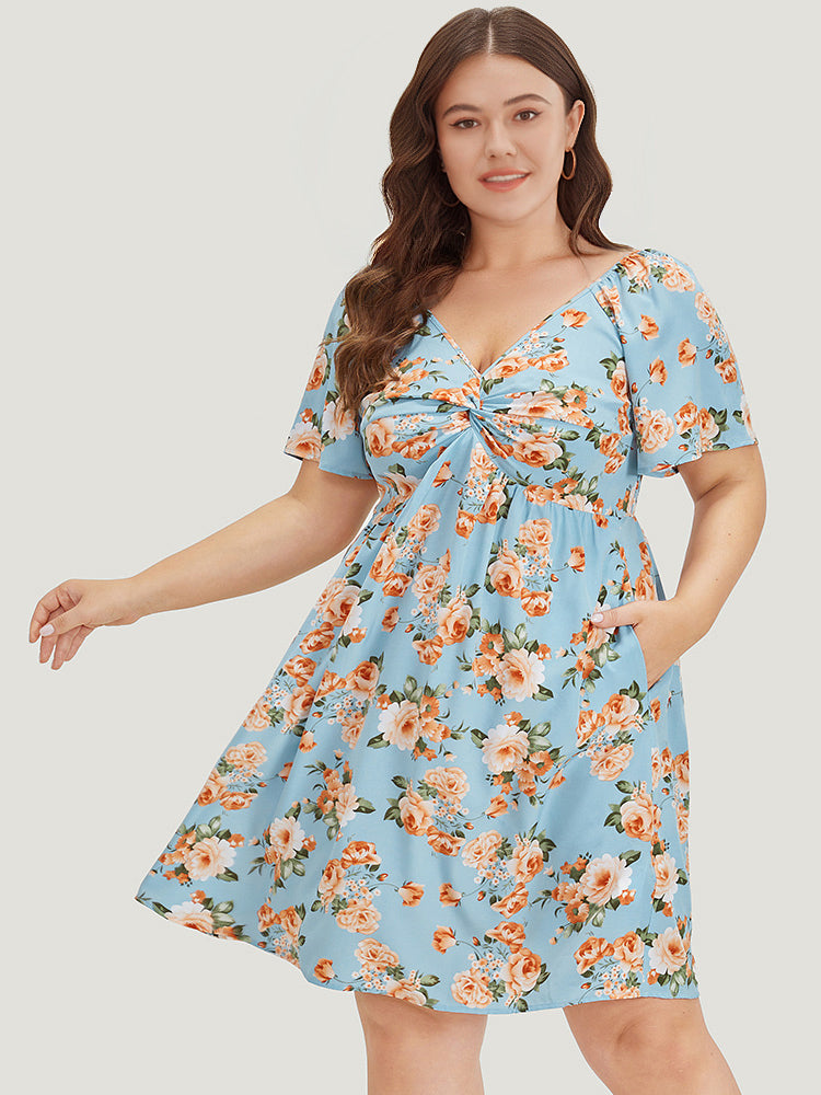 Floral Print Twist Front Ruffle Sleeve Ruffles Dress