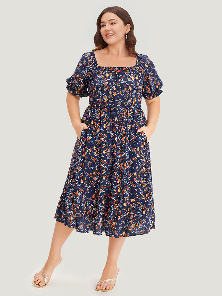 Floral Puff Sleeve Pocket Elastic Waist Square Neck Dress