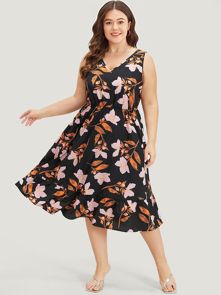 Floral Print Pocket V Neck Elastic Waist Sleeveless Dress