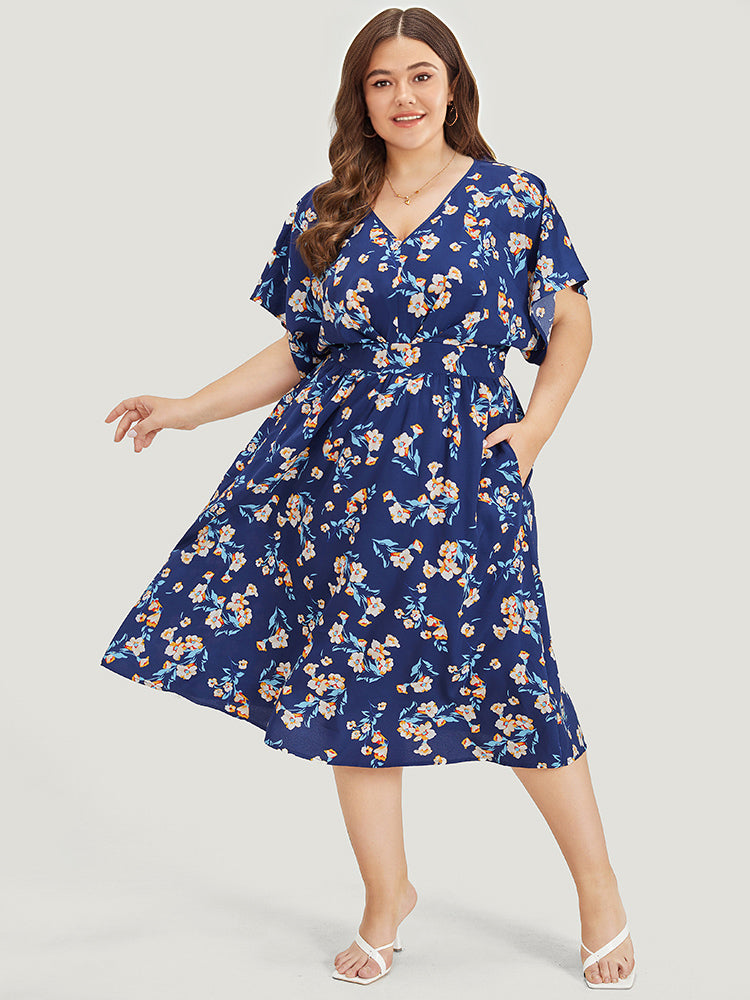 Floral Wideband Waist Batwing Sleeve Ruffle Hem Dress