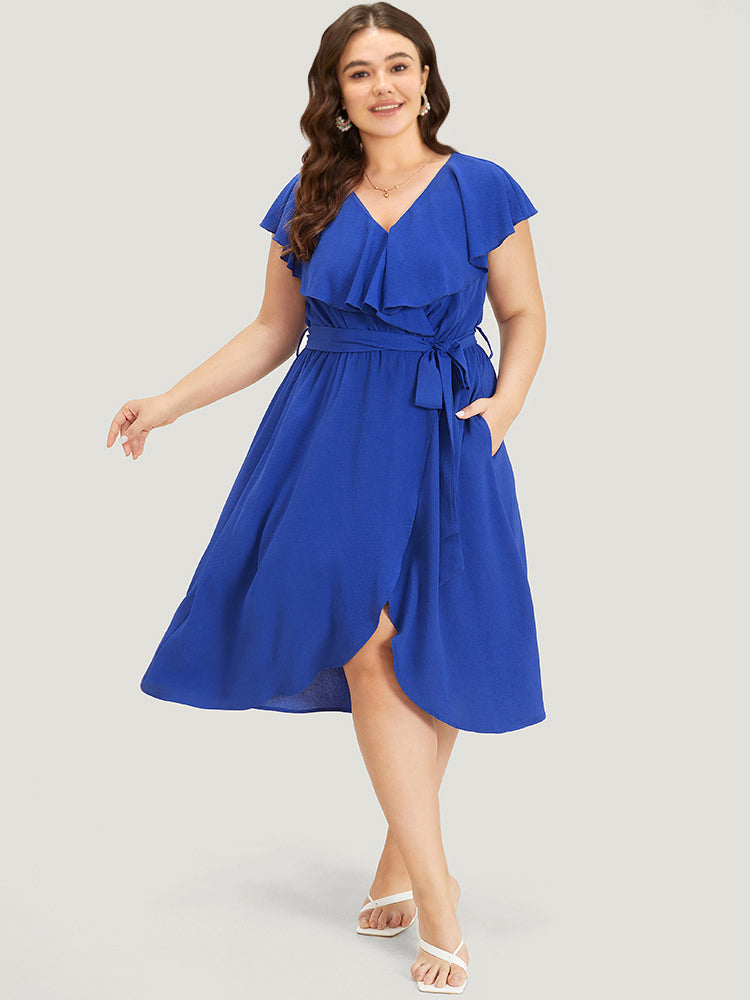 Ruffles Pocket Gathered Belted Wrap Hem Dress