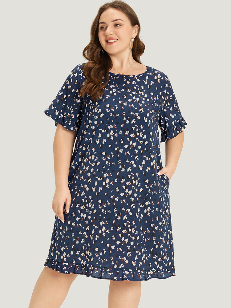 Allover Print Pocket Flutter Trim Dress