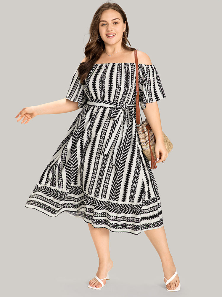 Striped Off Shoulder Pocket Patchwork Belted Dress