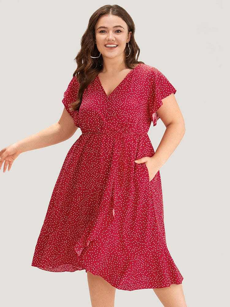 Polka Dot Ruffles Wrap Pocket Asymmetrical Hem Dress