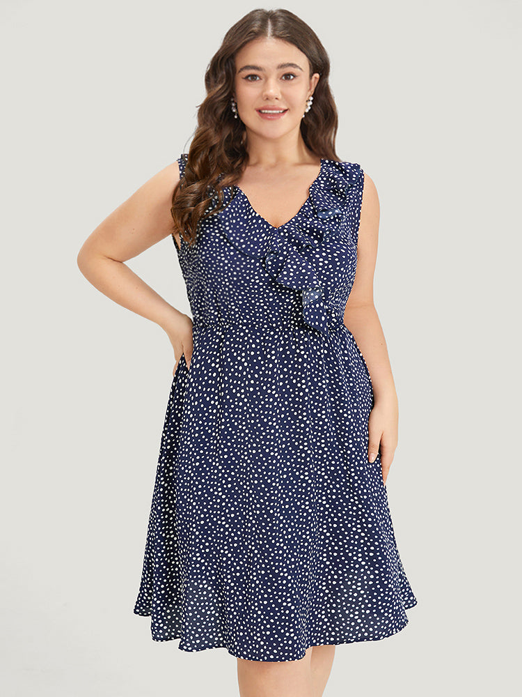 Polka Dot Ruffle Trim V Neck Sleeveless Dress