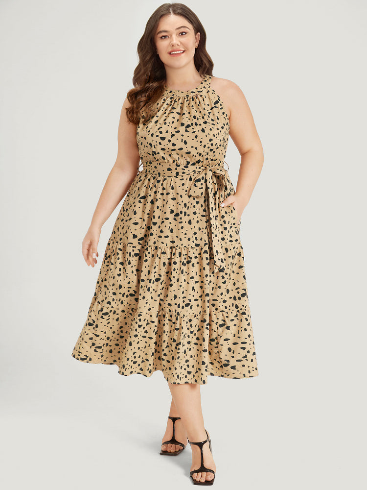 Leopard Print Halter Pocket Belted Ruffle Hem Dress