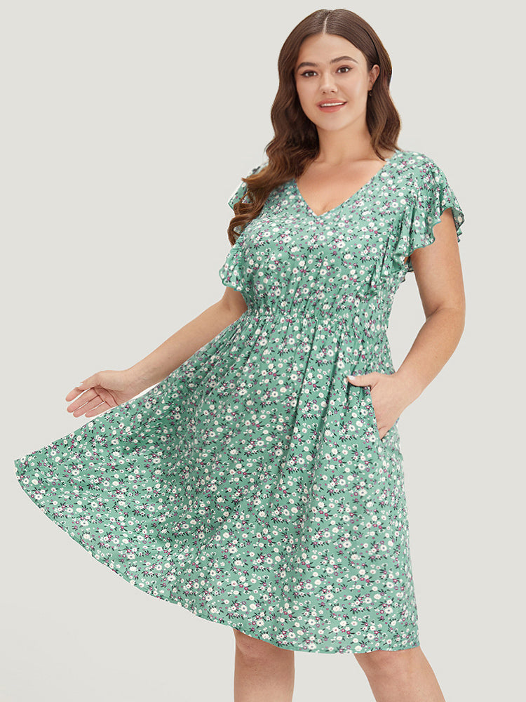 Ditsy Floral Ties Pocket Gathered Ruffle Cap Sleeve Dress