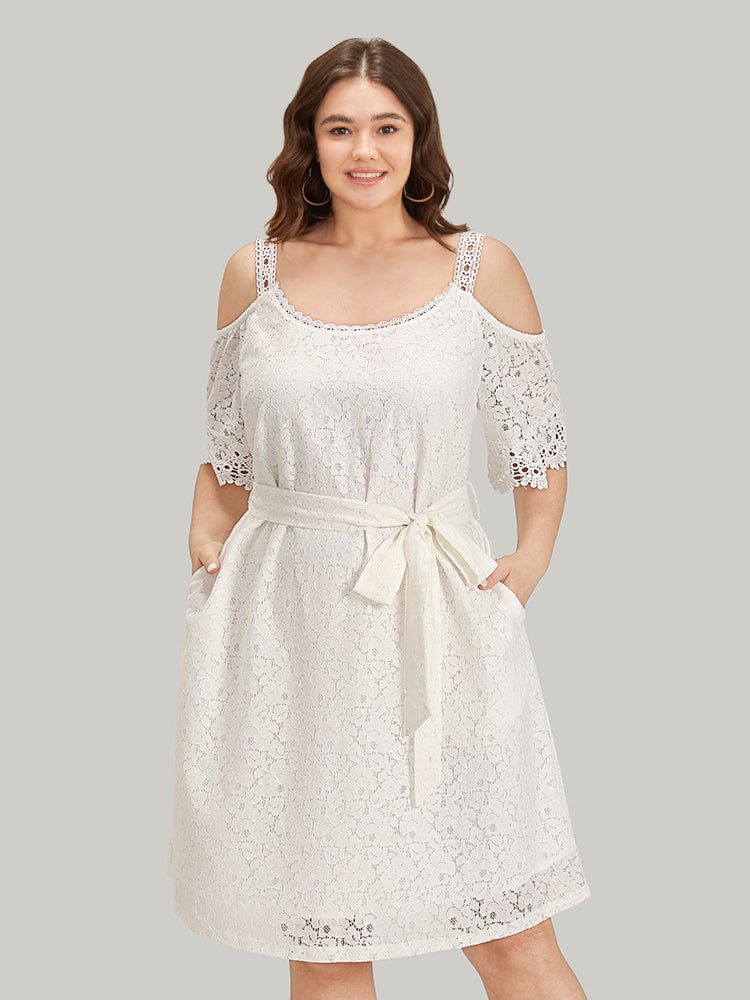 Lace Panel Belted Cold Shoulder Flutter Sleeve Dress