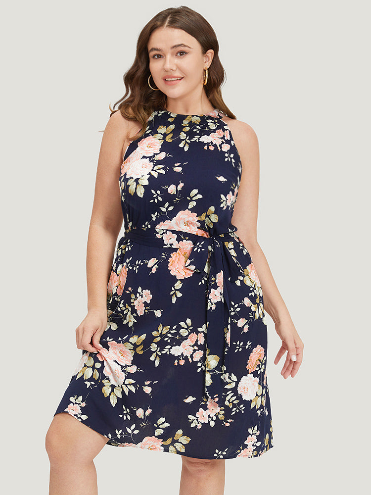 Floral Print Belted Pocket Halter Ruffle Hem Dress