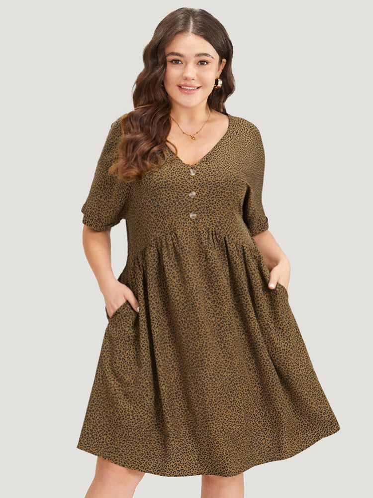 Leopard Print V Neck Button Detail Dolman Sleeve Dress