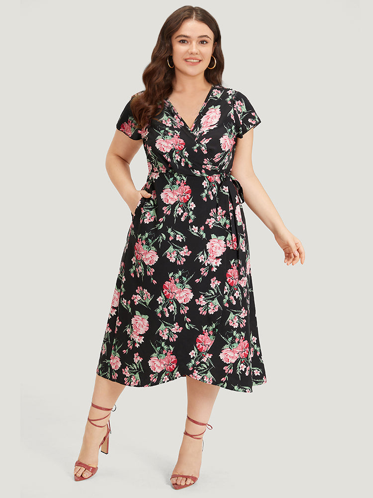 Floral Print Wrap Pocket Knot Asymmetrical Hem Dress