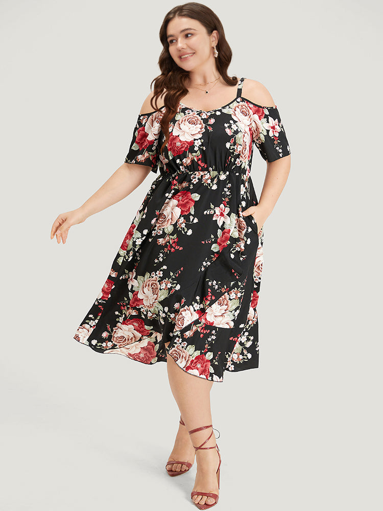 Floral Print Pocket Asymmetrical Hem Cold Shoulder Dress