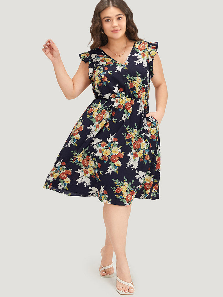 Pixel Flower Print Ruffle Cap Sleeve Pocket Dress