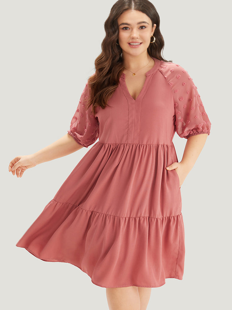 Solid Notched Lantern Sleeve Ruffle Layered Hem Dress