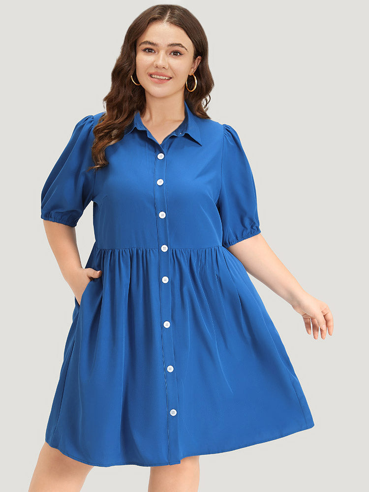 Plain Shirt Collar Button Through Gathered Lantern Sleeve Dress