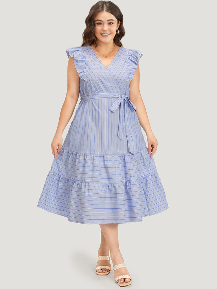 Striped Surplice Neck Belted Ruffle Cap Sleeve Dress