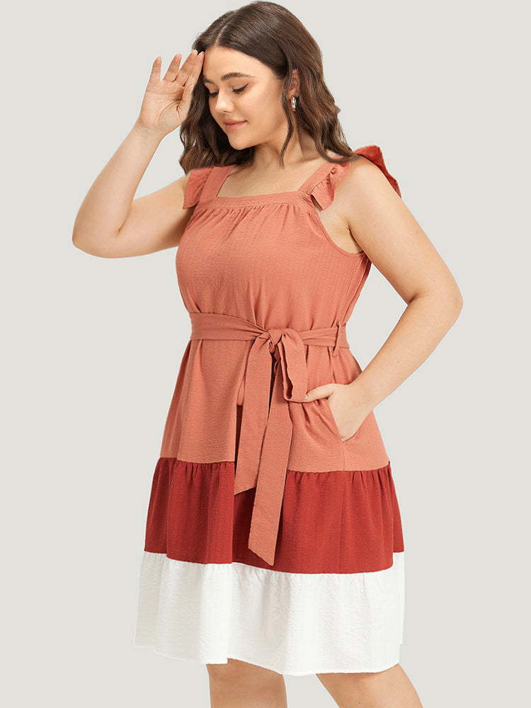 Contrast Ruffles Pocket Belted Square Neck Cami Dress