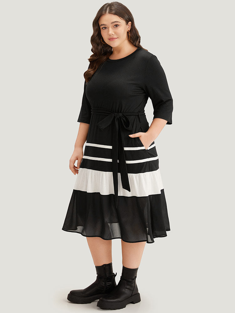 Colorblock Contrast Belted Ruffle Layered Hem Dress